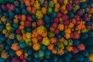 Aerial View of Colorful Autumn Foliage and Dense Forest Canopy