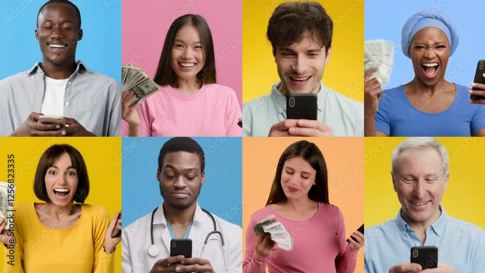 Poster A collection of individuals from various backgrounds joyfully using smartphones while displaying cash, showing excitement and engagement in technology.