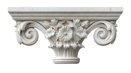 White marble architectural capital with floral ornaments and volutes on transparent background