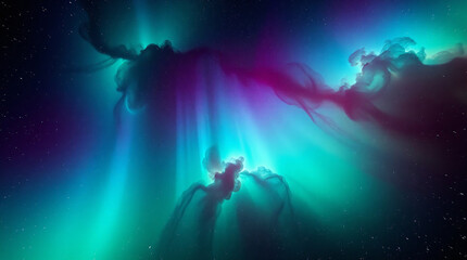 Fototapeta premium Low-angle perspective of a celestial nebula with vibrant green, purple, and blue hues, resembling aurora borealis. Bright stars in dark space, dreamy cosmic atmosphere