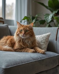 Naklejka na ściany i meble Orange-haired cat sitting on sofa at home. Comfort home zone in living room.