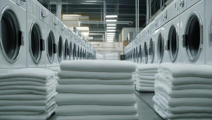 Obraz premium Industrial Laundry Facility: Rows of Washers and Stacks of Clean Linens