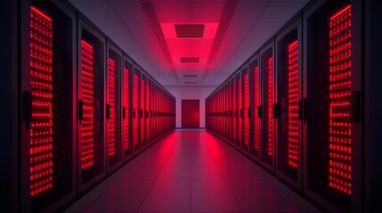 Fototapeta premium Illuminated Red Lights in a High-Tech Data Center Showcasing Advanced Supercomputer Systems. Peak Energy, Demand, Technology Concept