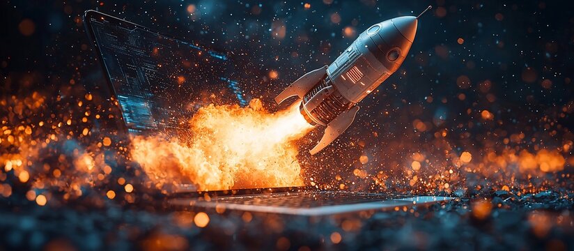 Futuristic rocket launching from a laptop, symbolizing innovation and technology advancement