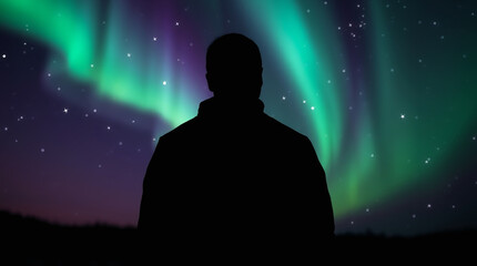 A silhouetted image, back-lit, depicting a celestial nebula, similar to the aurora borealis, with vibrant green, purple, and blue hues. Bright stars glow against a dark background. 