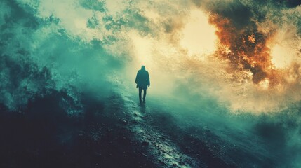 Obraz premium A solitary figure walks towards a fiery sky, symbolizing hope and perseverance.