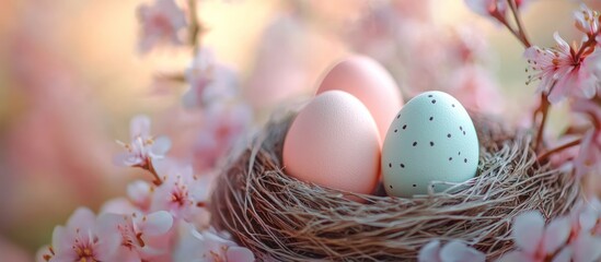 Fototapeta premium Pastel eggs nest, spring blossoms, greeting card