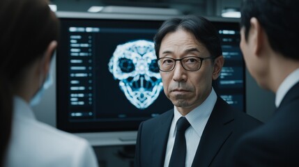 Fototapeta premium Serious businessman in a suit looks at the screen showing a 3D model of a human head while discussing with colleagues.