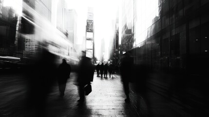 Busy urban street scene with blurred pedestrians in motion