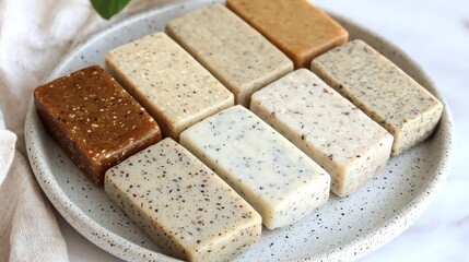 Artisan handmade soaps, various natural colors and scents, arranged on a speckled plate. A perfect image for beauty, spa, or wellness.