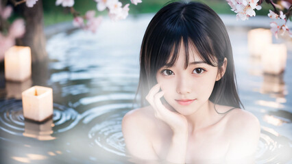 桜の咲く温泉露天風呂に入浴中の若い女性