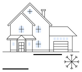 Two-story house with pitched roof, multiple windows, porch, attached garage, and minimal snowflake icon. Ideal for real estate, architecture, heating, cooling seasons energy efficiency abstract