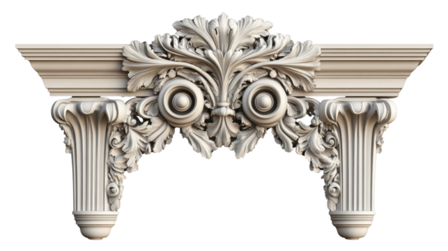 White gypsum decorative element with pillars and acanthus leaves on transparent background