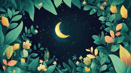 Crescent moon shines brightly surrounded by lush greenery at night