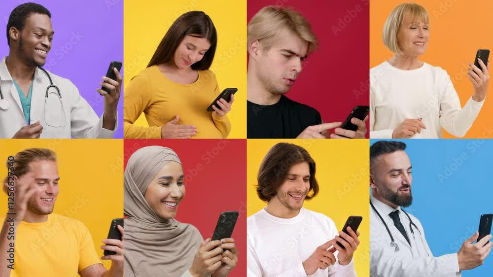 Poster A vibrant collection of individuals from various backgrounds using smartphones. The setting features bright, colorful backgrounds, showcasing technology in daily life moments.