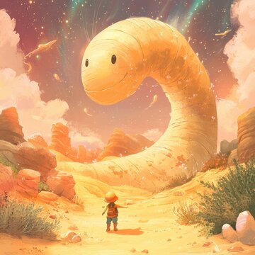 Child encounters a gigantic smiling sandworm in a desert landscape