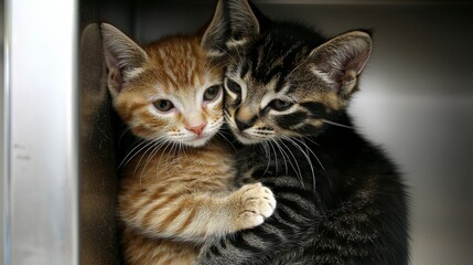 Two adorable kittens cuddle together, displaying affection and warmth in a tender embrace.