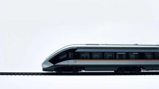 Modern high-speed train moving on railway track on white background