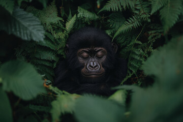 Fototapeta premium A baby gorilla is sleeping in the jungle
