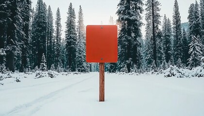Blank orange signpost in snowy winter forest, perfect for your message or design.