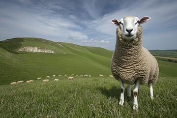 Fototapeta premium A fluffy sheep stares intently at the camera, a flock grazes on rolling green hills under a bright blue sky. A peaceful rural scene.