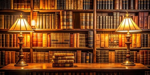 Old leather-bound books stacked on wooden bookshelves in a dimly lit library, with warm golden light emanating from the reading lamps , vintage books, bookshelves