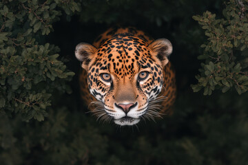 Obraz premium A jaguar is looking at the camera in a forest