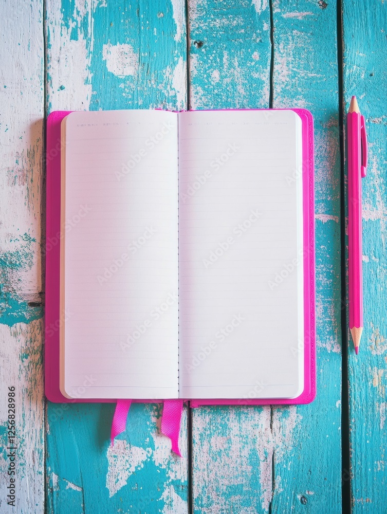 Leinwandbilder open notebook with a pencil placed on a colorful wooden desk ready for creative ideas and notes. gen