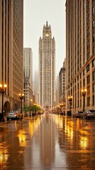 Naklejka premium Rainy city street scene with tall buildings and reflections in wet pavement, showcasing urban architecture during a downpour.
