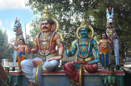 Generated imageHindu god Muneeshwarar staute in indian village and also known as Ayyanar	
