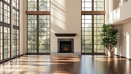 Fototapeta premium Sunlit Room Design: Fireplace, Hardwood Floors, Large Windows, and Lush Greenery