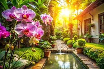 Orchid Sunlight Tranquility: Architectural Photography of Serene Gardens