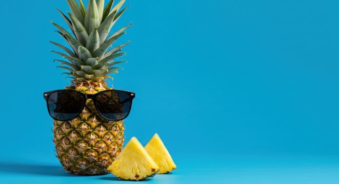 Pineapple wearing sunglasses with slices on blue background for summer vibes