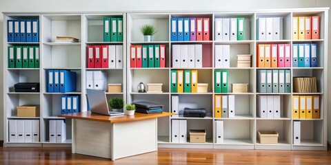 Organized workspace with cabinet of folders and files on shelves , office supplies