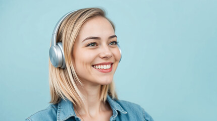 Naklejka premium Overjoyed millennial girl wearing headphones listening to music relax isolated on blue pastel background