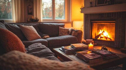 Cozy living room with a warm fireplace and magazines