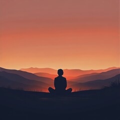 Silhouette meditates upon a mountain landscape during a vibrant sunset