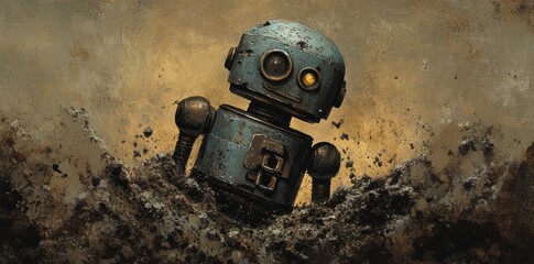 Worn vintage robot half buried in textured earth material