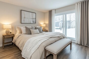 Modern bedroom design with cozy bedding and winter view