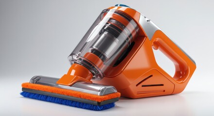 Naklejka premium Modern orange cordless vacuum cleaner with transparent dustbin and brush attachment