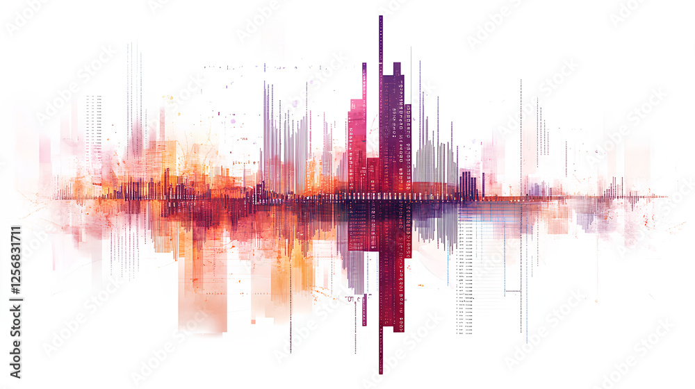 Poster financial data chart with bars and graphs overlaid with code, isolated on a white background. concep