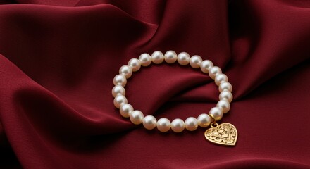 Fototapeta premium Elegant pearl bracelet with gold heart pendant on luxurious red fabric background