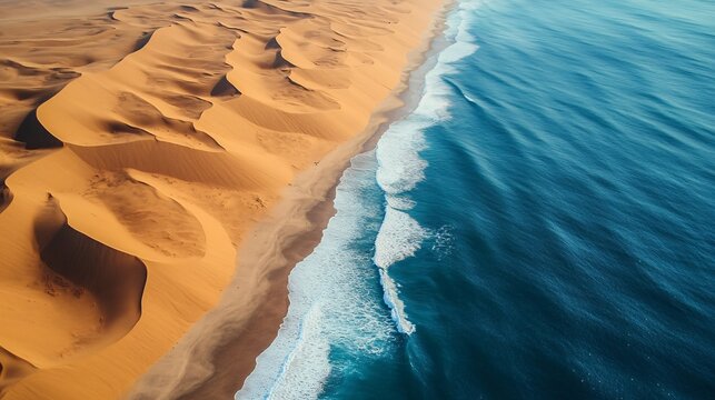 Waves crashing on beach separating ocean and desert sand dunes