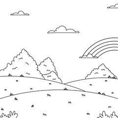 illustration of nature landscape with rainbow and cloud coloring book