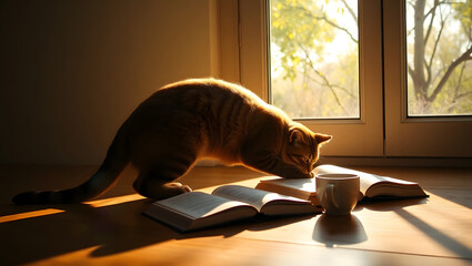 Cat Reading by the Window: A ginger cat engrossed in a book, illuminated by warm sunlight streaming through a window, creates a serene and captivating scene. A mug sits beside the open books.