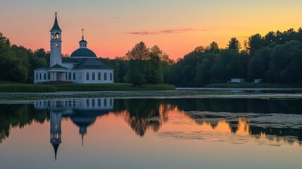 Naklejka premium Serene Church Reflection at Sunrise on a Calm Lake