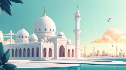 Obraz premium Serene Sunrise at the Grand Mosque: A Digital Masterpiece