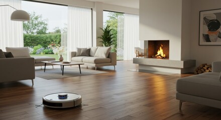 Modern living room with smart vacuum and minimalist decor
