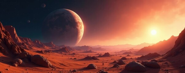 Massive asteroid hovering above a barren landscape, sunlight peeks over the horizon, horizon, space