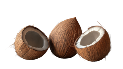 Whole and two halves of ripe coconut showing white flesh on transparent background